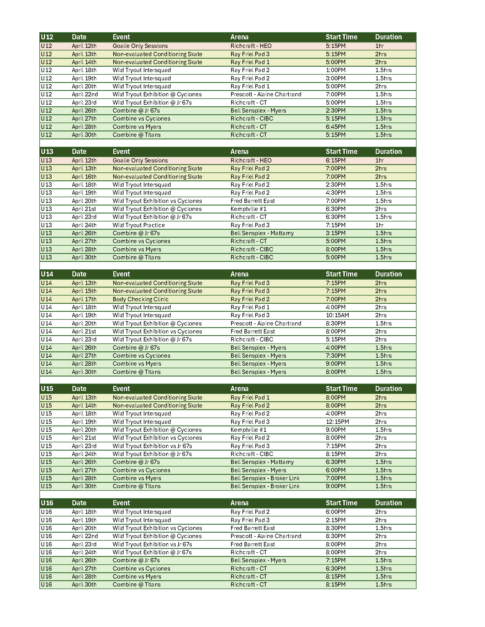 Wild Tryout Schedule April 14